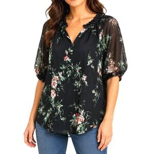 Joie de Vivre Womens Navy Floral Sheer Sleeve Ruffle Neck Blouse Size M
